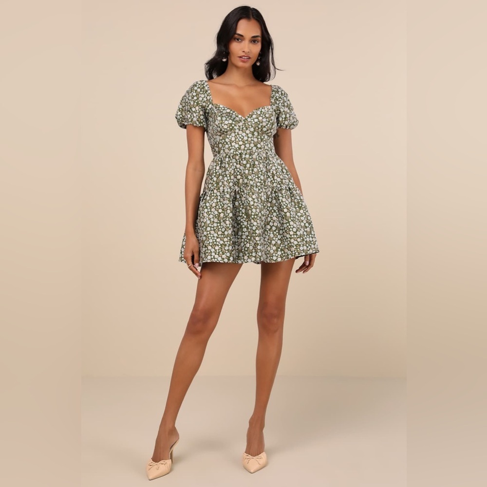 New Lulus Sz XL Confident Sweetheart Olive Floral Jacquard Tiered Mini Dress - Picture 3 of 8